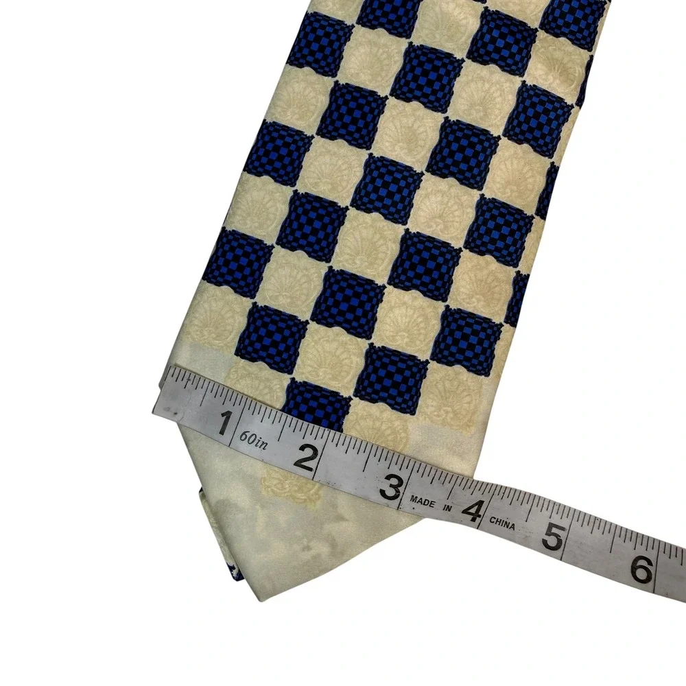Gianfranco Ferre Mens Navy Blue Cream Checkered Silk Tie Made in Italy